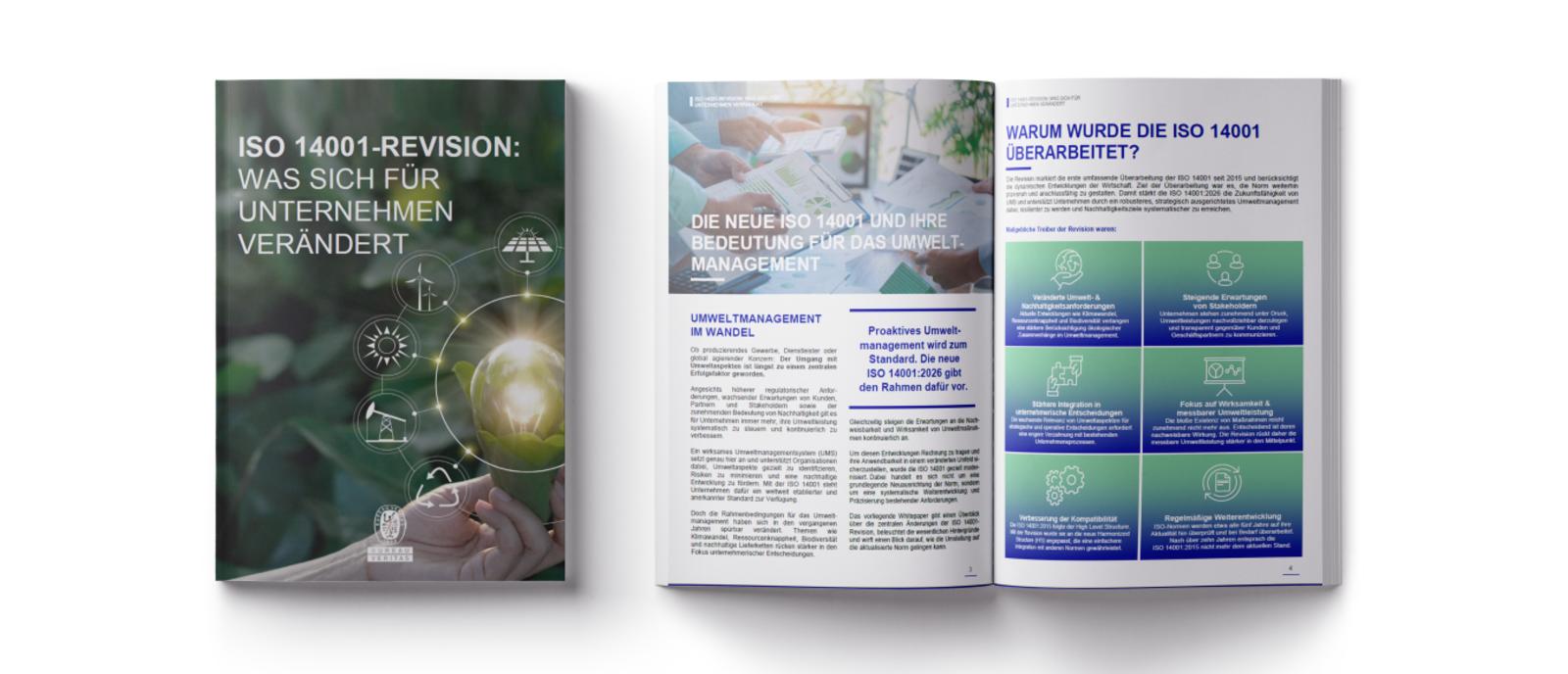 Vorschaubild des ISO 14001-Whitepapers, bestehend aus Titelblatt und den ersten beiden Seiten