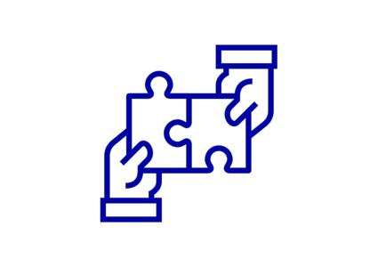Icon-Darstellung von zwei Händen, die zwei Puzzleteile zusammenfügen.