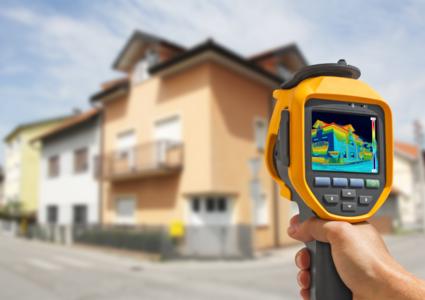 Wärembildkamera, die den Wärmeverlust eines im Hintergrund befindlichen Hauses zeigt.