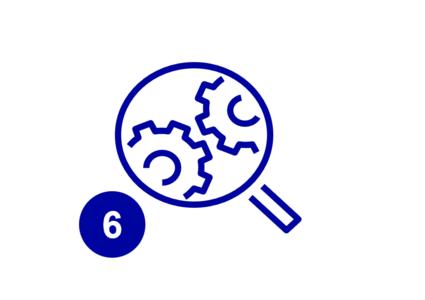 Icon-Darstellung einer Lupe, in der Zahnräder zu sehen sind.