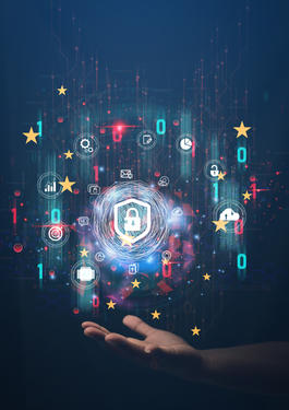 Hand mit schwebenden Symbolen zu Cyber Security