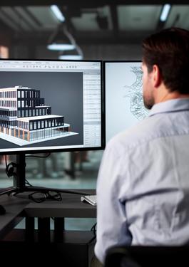 Zu sehen ist die Rückansicht eines Mannes, der an einem Schreibtisch vor mehreren Bildschirmen sitzt. Auf den Monitoren sind ein 3D-Modell sowie weitere Informationen zu einem Gebäude zu sehen.