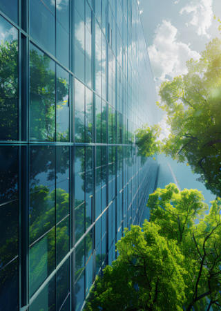 In einer gläsernen Gebäudefassade spiegeln sich Bäume.
