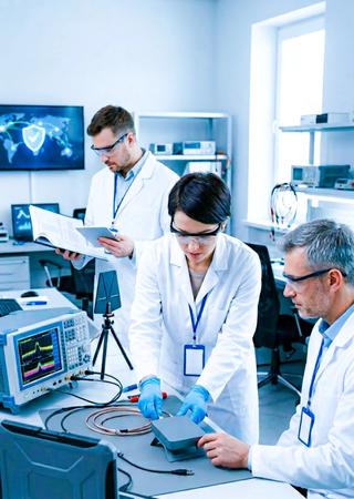 BV‑Experten prüfen vernetztes Gerät im Labor, Fokus Sicherheit und Marktzugang