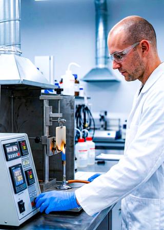 Ingenieur überwacht Brennprüfung an Kunststoffkomponente, übersichtliche Messgeräte, Fokus auf zuverlässige Ergebnisse