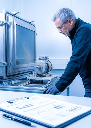 Ingenieur begutachtet geprüftes Gerät vor Staubkammer, Fokus auf Testergebnisdokumente.