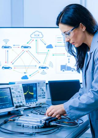 Prüfingenieur testet Steuergerät im Labor, Diagramme zeigen V2X-Kommunikation. 