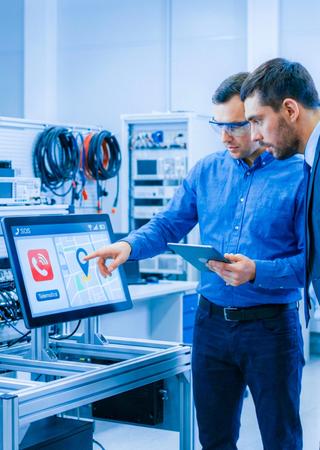  Ingenieur diskutiert ERA-GLONASS Projekt mit Kunde vor integriertem Fahrzeug-Display