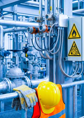  IoT-Sensoren in Ex-Zone, Sicherheitssymbole und Schutzausrüstung betonen Risikominimierung.