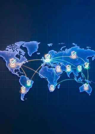 Weltkarte mit leuchtenden Zulassungs-Checkpoints für globale Energieprodukte.