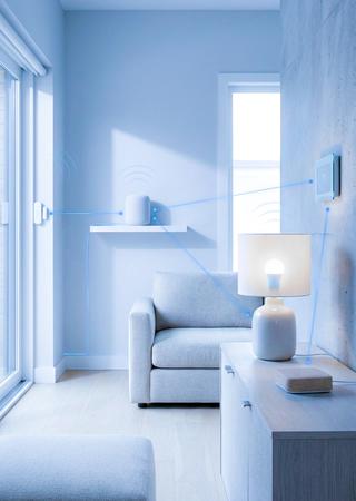 Vernetzte Smart-Home-Geräte, darüber stilisiertes Thread-Logo als Symbol für Interoperabilität.