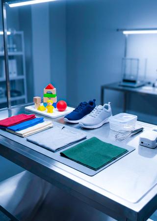 Auswahl verschiedener Konsumgüter: Textilien, Schuhe, Spielwaren und Hartwaren auf Prüftisch.