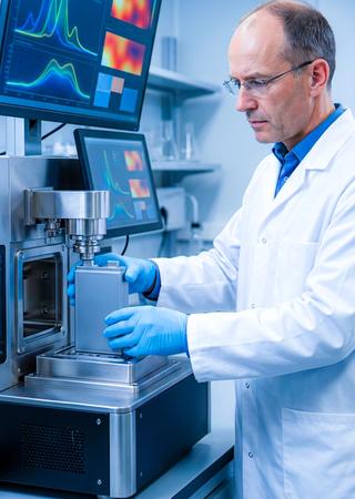 Laborant positioniert Batterieprobe im Analysegerät, Monitore zeigen chemische Spektren.