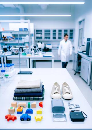  Auswahl geprüfter Textilien, Schuhe, Spielwaren und Hartwaren, geordnet präsentiert, klarer Mehrwert für Hersteller