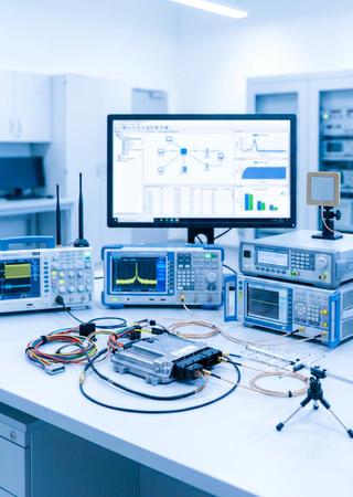 Laboraufbau mit Fahrzeugsteuereinheit, Messgeräten und Funkantennen für V2X-Tests. 