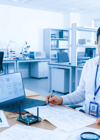  BV-Experte bewertet Schaltplan und Sicherheitsarchitektur eines IoT-Geräts am Arbeitsplatz.