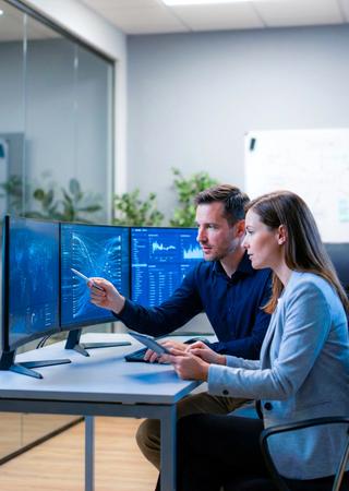 Cyber-Security-Team analysiert Netzwerkverkehr und Testreports auf mehreren Monitoring-Bildschirmen.