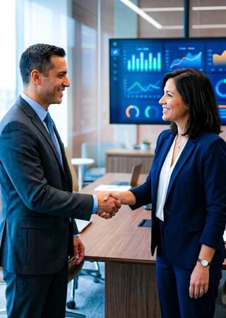 Zwei Business-Personen (z. B. Hersteller und Händler) geben sich die Hand oder sehen gemeinsam auf einen Bildschirm mit Kennzahlen 