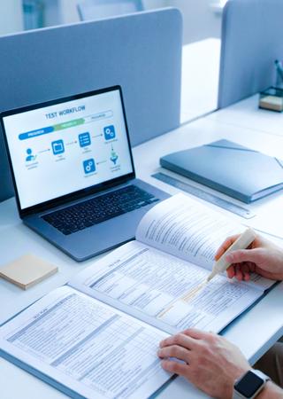 Ingenieur markiert Testplan auf Checkliste, Laptop daneben zeigt strukturierte Prüfschritte.