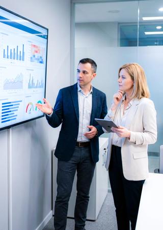 Projektteam betrachtet Dashboard mit Compliance-Kennzahlen, Entscheidungen werden datenbasiert getroffen.