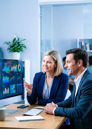 Prüfer analysiert Prüfbericht am Bildschirm, strukturierte Diagramme, Kunde erhält transparente Compliance-Dokumentation