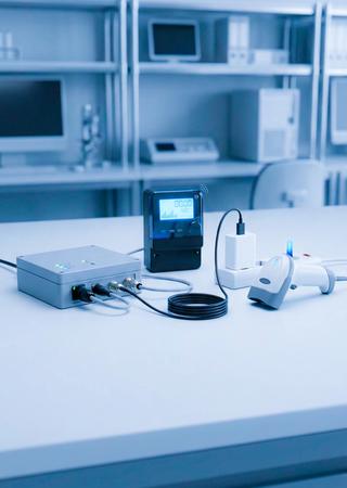 Tisch mit vernetzten Geräten: Steuerbox, Smart Meter, Wearable, Ladegerät, medizinisches Handgerät.