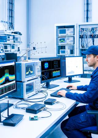 Blick ins Funklabor, Ingenieur überwacht Messungen an mehreren vernetzten IoT-Geräten.