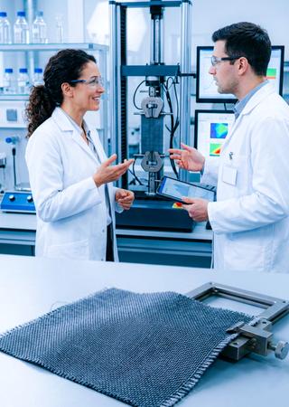 Ein Prüfingenieur oder Laborleiter im Gespräch mit einem Kollegen vor Messgeräten oder Prüfaufbau – idealerweise mit einem Konsumgut (z. B. Elektrogerät, Spielzeug, Textilprobe) im Vordergrund.