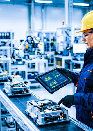 Produktionsleiter oder Ingenieur mit Helm/Tablet in der Fertigungslinie, prüft Produkt oder Prozess