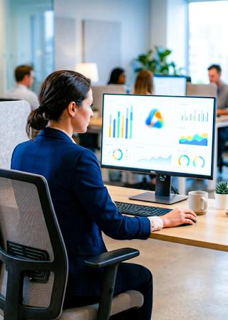 Brand Manager oder Qualitätsmanager betrachtet auf einem Bildschirm Markenlogo und Qualitätskennzahlen