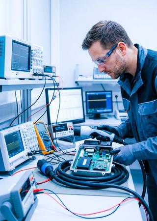 BV-Experte inspiziert Fahrzeugzubehör auf Prüfstand, Messgeräte und Dokumentation im Vordergrund.