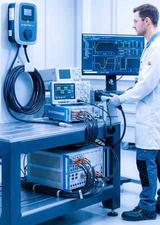 Wallbox und Ladekabel im Test, Ingenieur überwacht Messdaten auf Bildschirm.