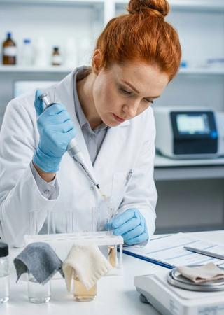 Ein BV‑Laborant pipettiert eine Flüssigkeit in ein Reagenzglas oder arbeitet an einem Analysegerät (z. B. GC/MS) mit Probenbehältern, auf denen Stoffstücke oder Fasern liegen.
