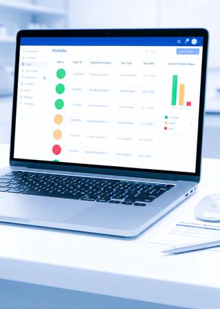 Nahaufnahme eines Laptop‑ oder Tablet‑Screens mit einer Prüfmanagement‑Software (Listen mit Prüfaufträgen, Statusanzeigen, Ampelsystem o. Ä., generisch gestaltet)