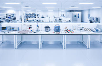 Produktprüflabor mit vielfältigen Konsumgütern auf Tischen, Messgeräten und Prüfaufbauten