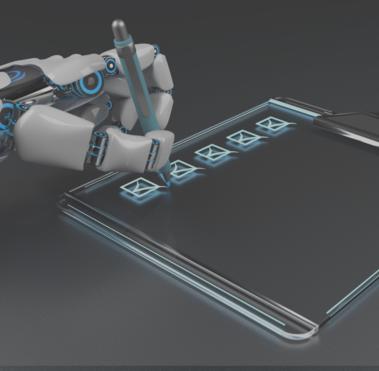 Eine Roboterhand mit einem Stift setzt einen Haken auf einem digitalen Klemmbrett.
