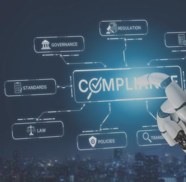 In der Mitte des Bildes ist das Wort Compliance zu sehen, auf das eine Roboterhand zeigt. Drum herum stehen Begriffe wie Governance, Regulation oder Standards. 