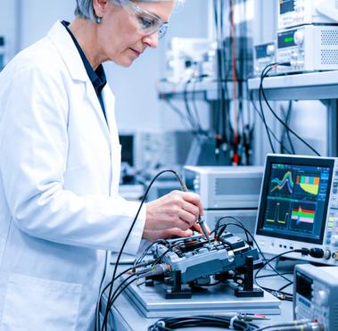 rüfingenieur testet Konsumgerät im modernen Labor, präzise Messung, Vertrauen. 