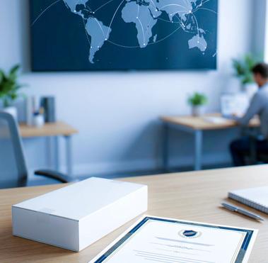 Zertifikat und Produktverpackung, weltweite Versandrouten, klarer Fortschritt, Sicherheit. 