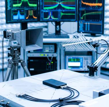 Smart Device im Funk-/EMV-Testsetup, Antennen, Datenvisualisierung, innovativ, zuverlässig.