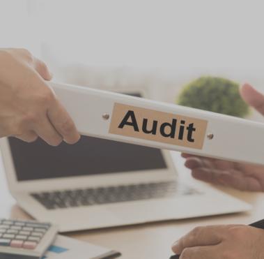 Eine Person übergibt einer anderen Person einen Ordner, auf dem Audit steht.